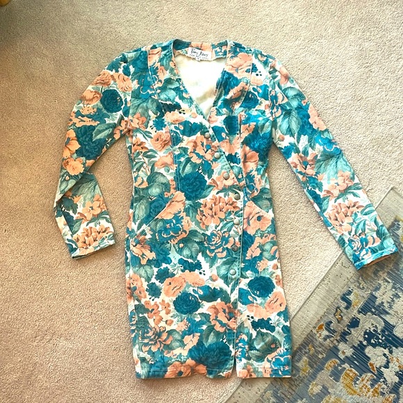 Vtg Paris Blues Floral Denim Bodycon Dress - Picture 1 of 7
